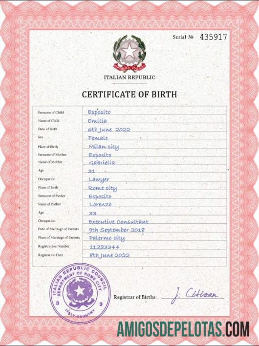 Em branco modelo PSD de certidão de nascimento na Itália